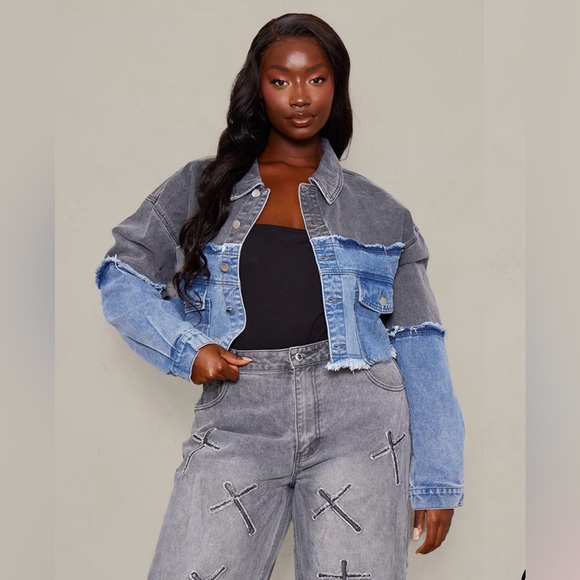 Pretty Little Thing Stylish Two-Tone Denim Jacket - Picture 1 of 5